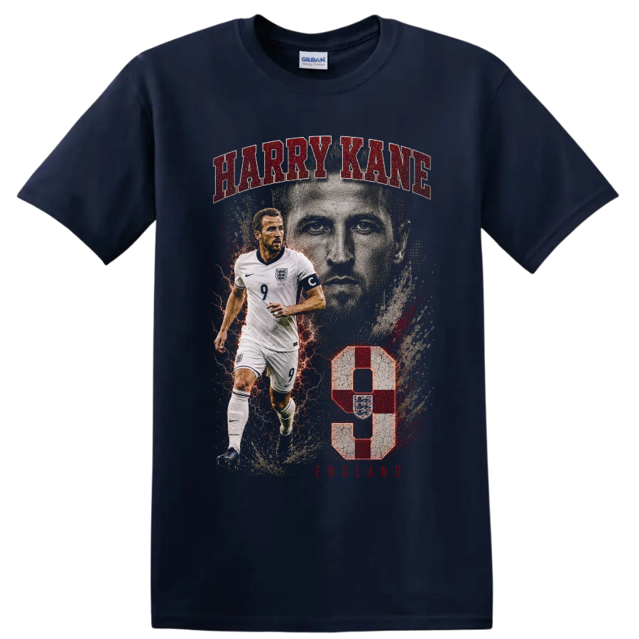 Harry Kane England soccer graphic with number 9 on a Navy (Blue) T Shirt