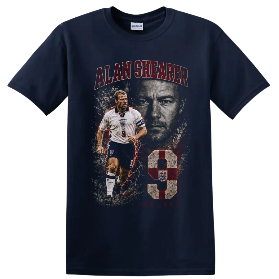 Alan Shearer England number 9 distressed soccer action portrait graphic on a Navy (Blue) T Shirt