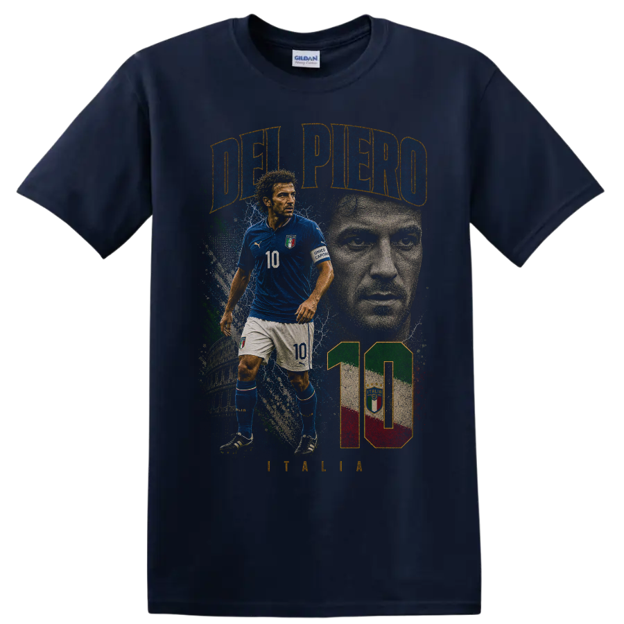 Alessandro Del Piero Italy soccer graphic with DEL PIERO and number 10 on a Navy (Blue) T Shirt