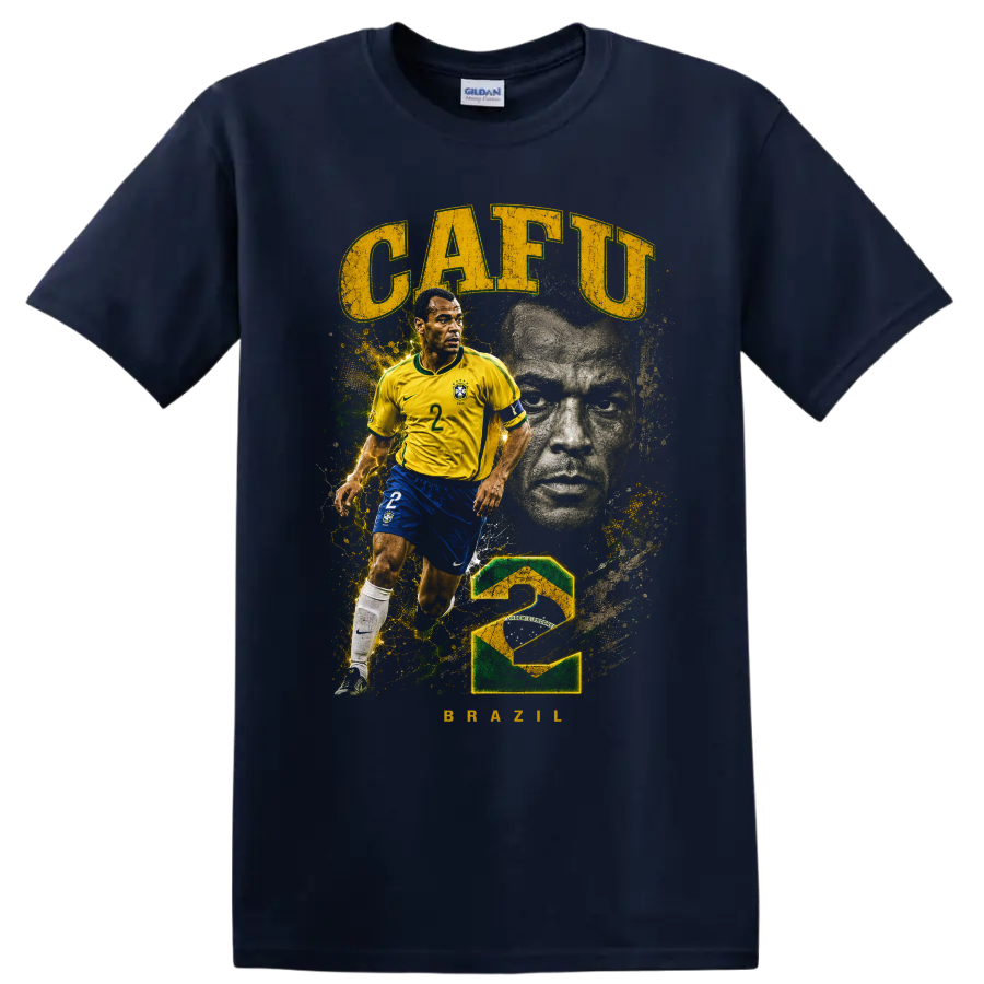 Cafu Brazil soccer player retro graphic with CAFU text and number 2 on a Navy (Blue) T Shirt