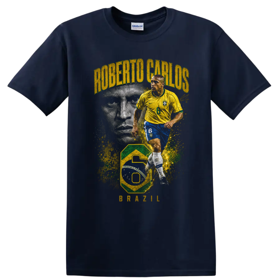 Roberto Carlos Brazil soccer action portrait with ROBERTO CARLOS and BRAZIL text on a Navy (Blue) T Shirt