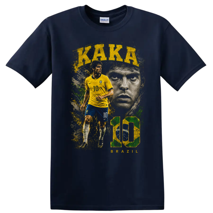 Kaká Brazil soccer graphic with action pose, portrait, and KAKA BRAZIL text on a Navy (Blue) T Shirt