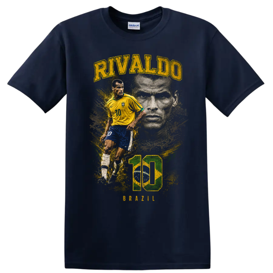 Rivaldo Brazil soccer graphic with number 10, action pose, and portrait on a Navy (Blue) T Shirt