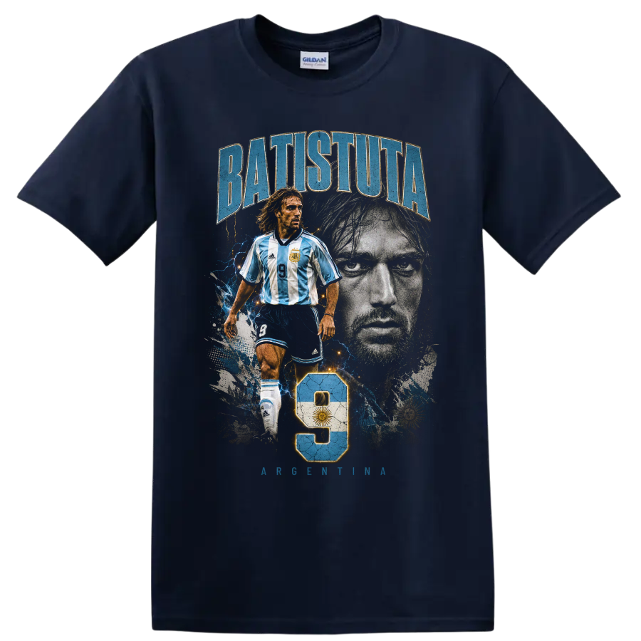 Gabriel Batistuta Argentina soccer portrait graphic with number 9 on a Navy (Blue) T Shirt
