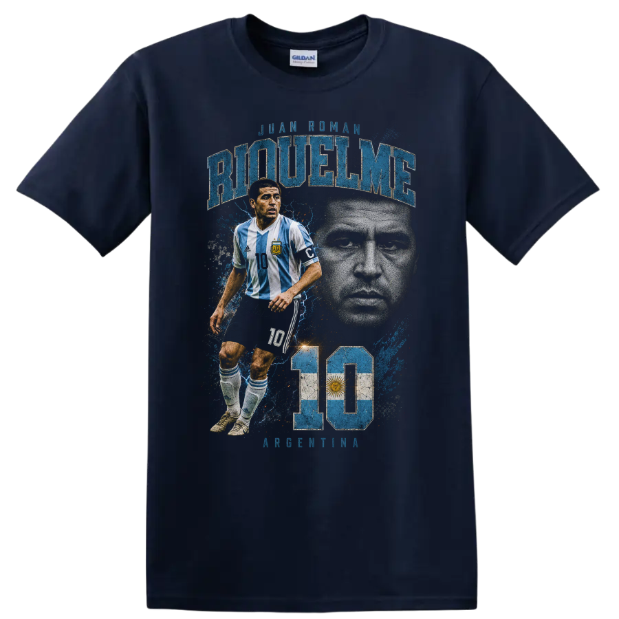 Juan Román Riquelme Argentina soccer portrait graphic print with number 10 on a Navy (Blue) T Shirt