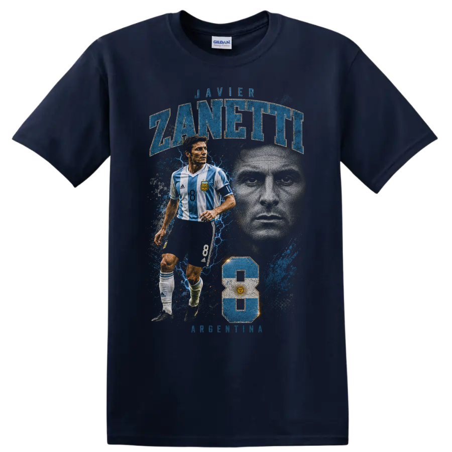 Javier Zanetti Argentina soccer portrait and action graphic with number 8 on a Navy (Blue) T Shirt