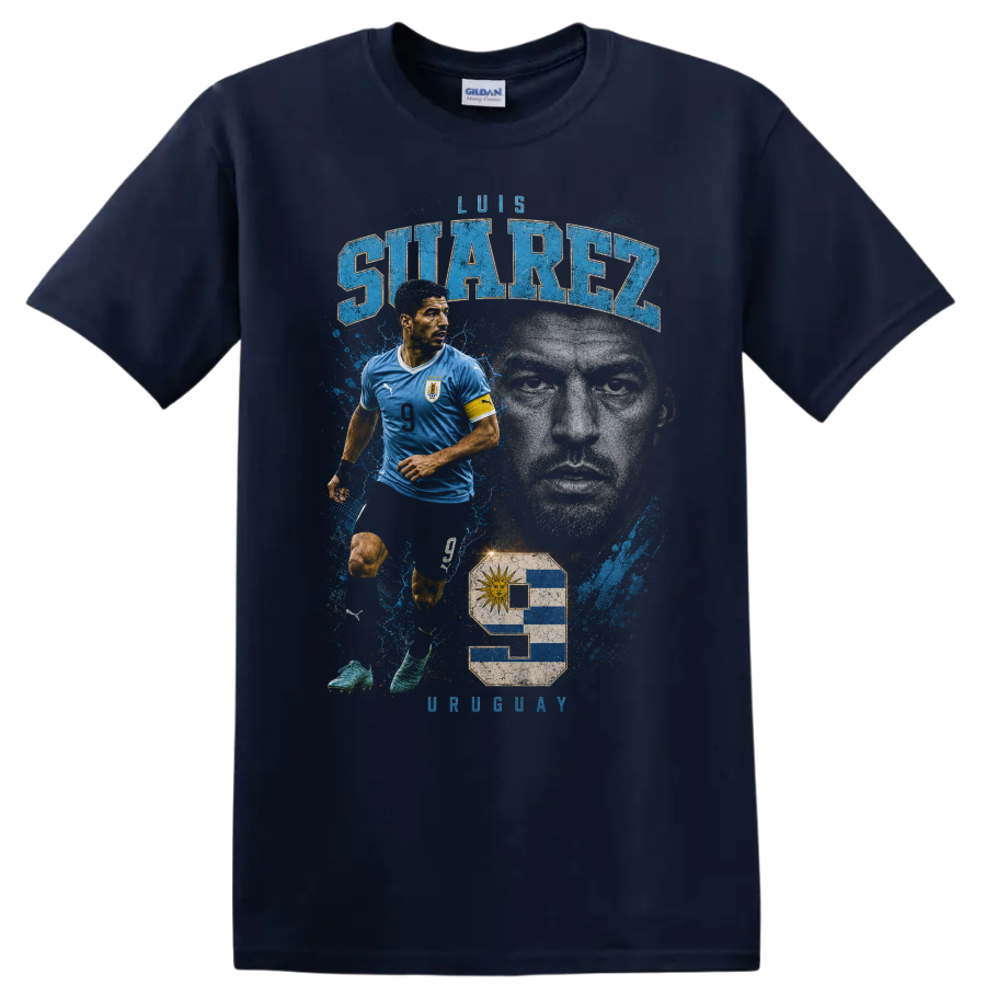 Luis Suárez Uruguay soccer action portrait graphic with bold name text on a Navy (Blue) T Shirt