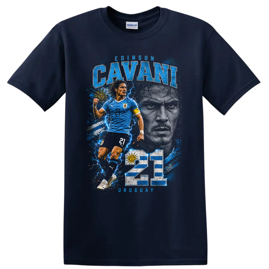 Edinson Cavani Uruguay soccer graphic with portrait, action pose, and number 21 on a Navy (Blue) T Shirt