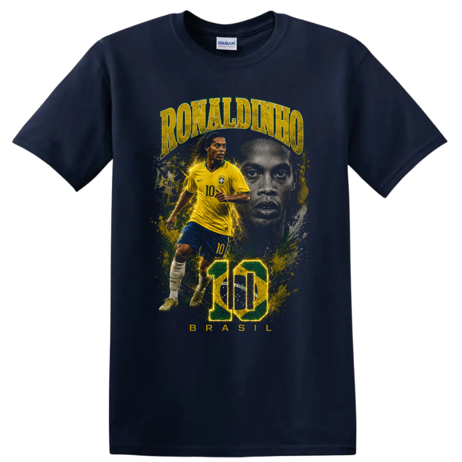 Ronaldinho Brazil soccer graphic with number 10 and bold portrait artwork on a Navy (Blue) T Shirt