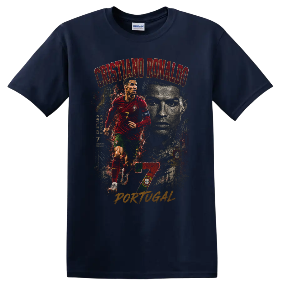 Cristiano Ronaldo Portugal soccer action portrait with number 7 on a Navy (Blue) T Shirt