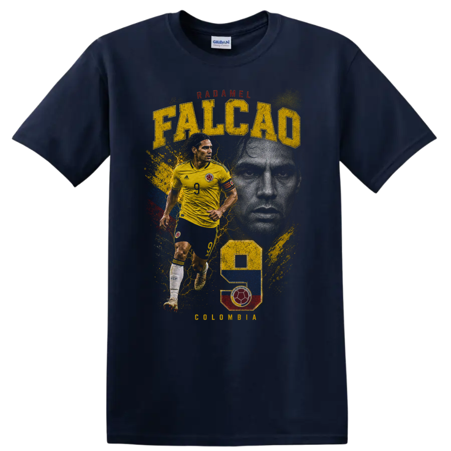 Radamel Falcao Colombia soccer graphic with FALCAO text and number 9 on a Navy (Blue) T Shirt