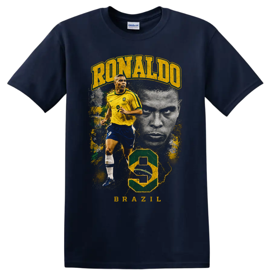 Ronaldo Nazário Brazil soccer action portrait graphic with bold lettering on a Navy (Blue) T Shirt