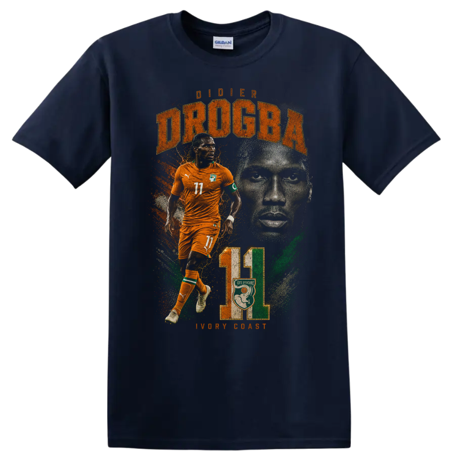 Didier Drogba Ivory Coast soccer action portrait with DROGBA text on a Navy (Blue) T Shirt