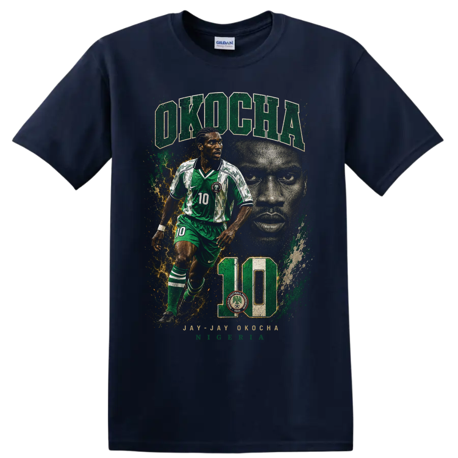 Jay-Jay Okocha Nigeria soccer graphic with OKOCHA and number 10 on a Navy (Blue) T Shirt