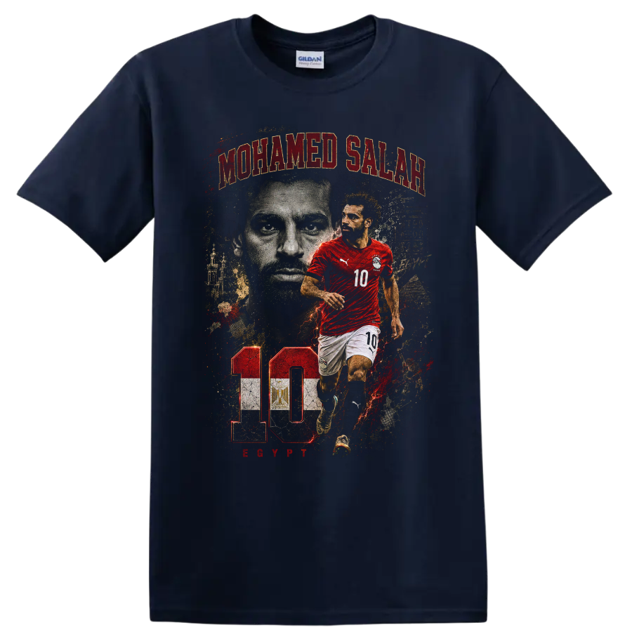 Mohamed Salah Egypt soccer action portrait with number 10 on a Navy (Blue) T Shirt