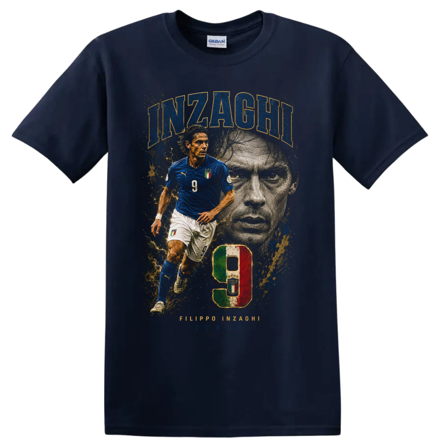 Filippo Inzaghi Italy soccer player number 9 distressed graphic print on a Navy (Blue) T Shirt
