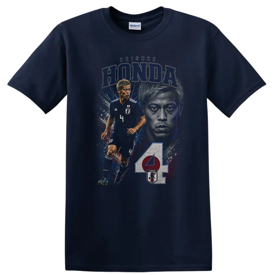 Keisuke Honda Japan soccer action portrait with HONDA and JAPAN text on a Navy (Blue) T Shirt