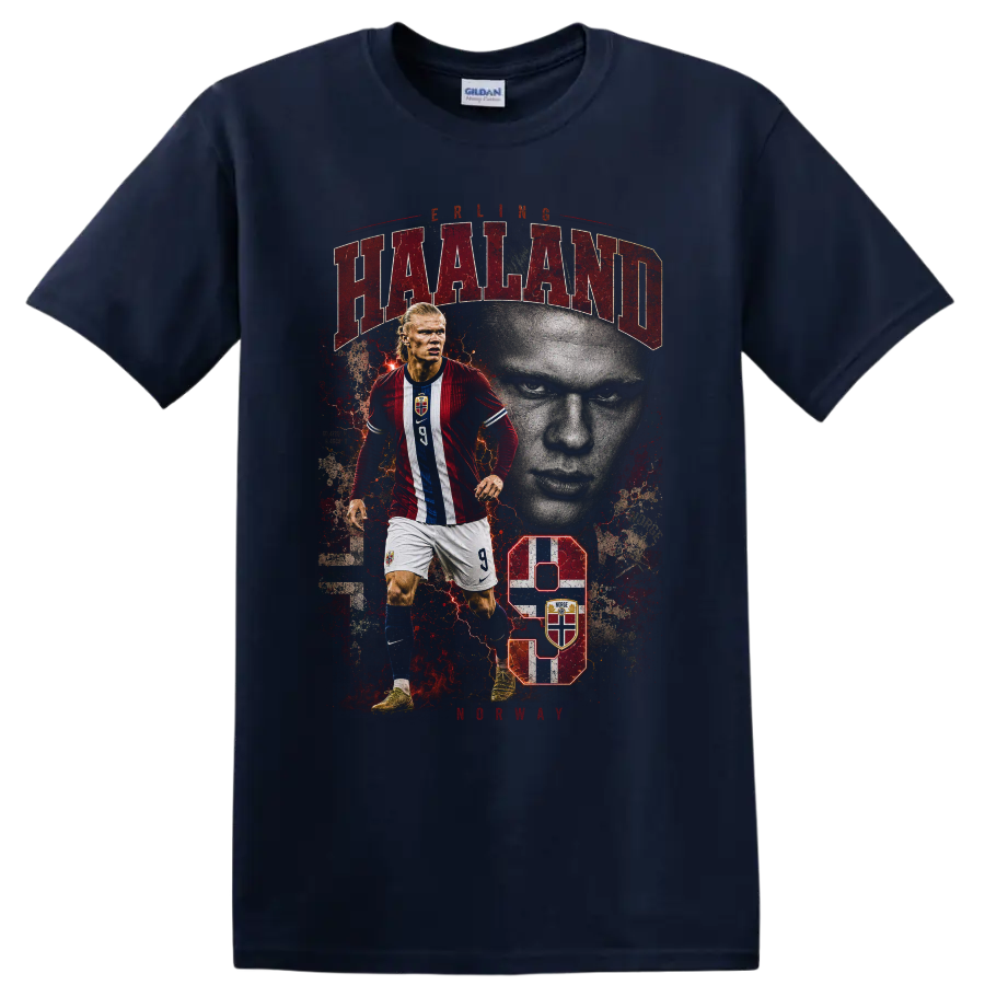 Erling Haaland Norway soccer player graphic with number 9 on a Navy (Blue) T Shirt