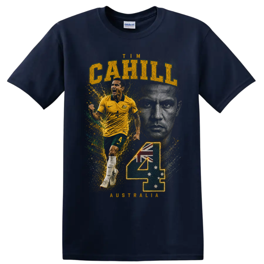 Tim Cahill Australia soccer tribute graphic with number 4 on a Navy (Blue) T Shirt