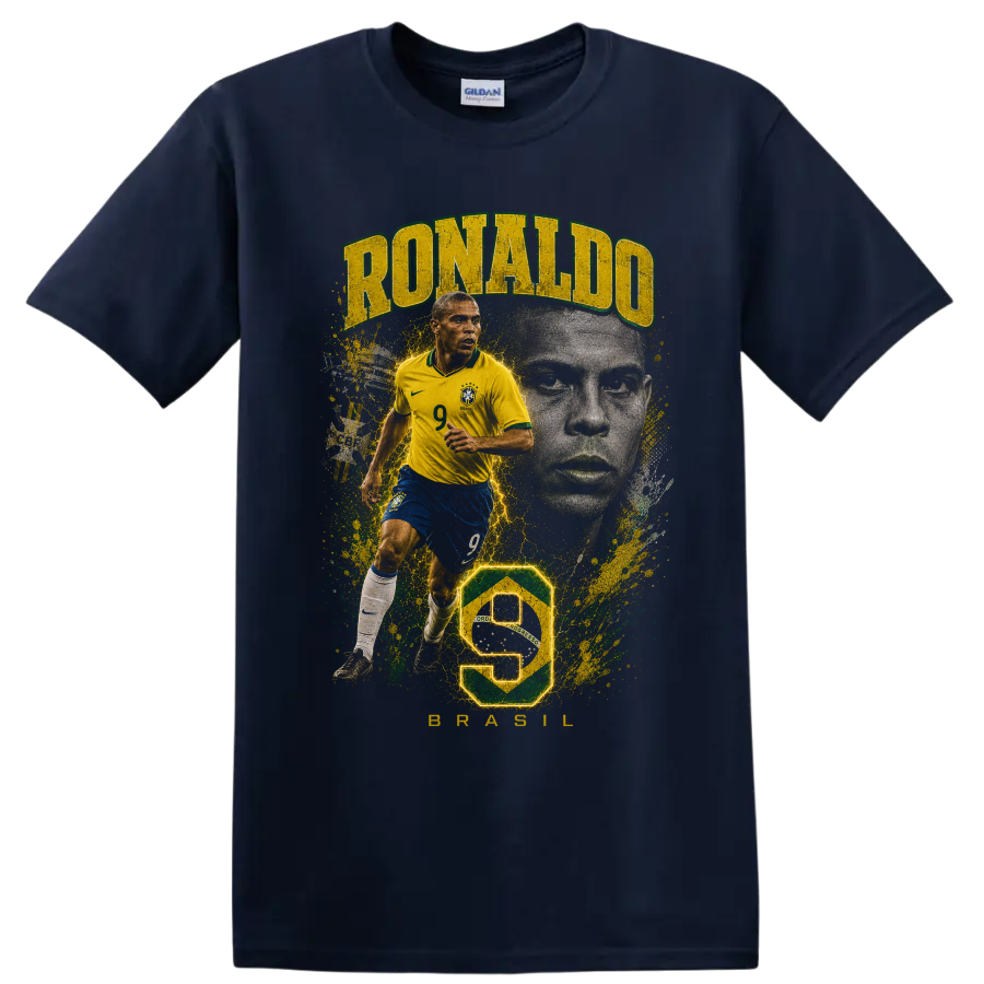 Ronaldo Nazário Brazil soccer collage with number 9 and portrait on a Navy (Blue) T Shirt