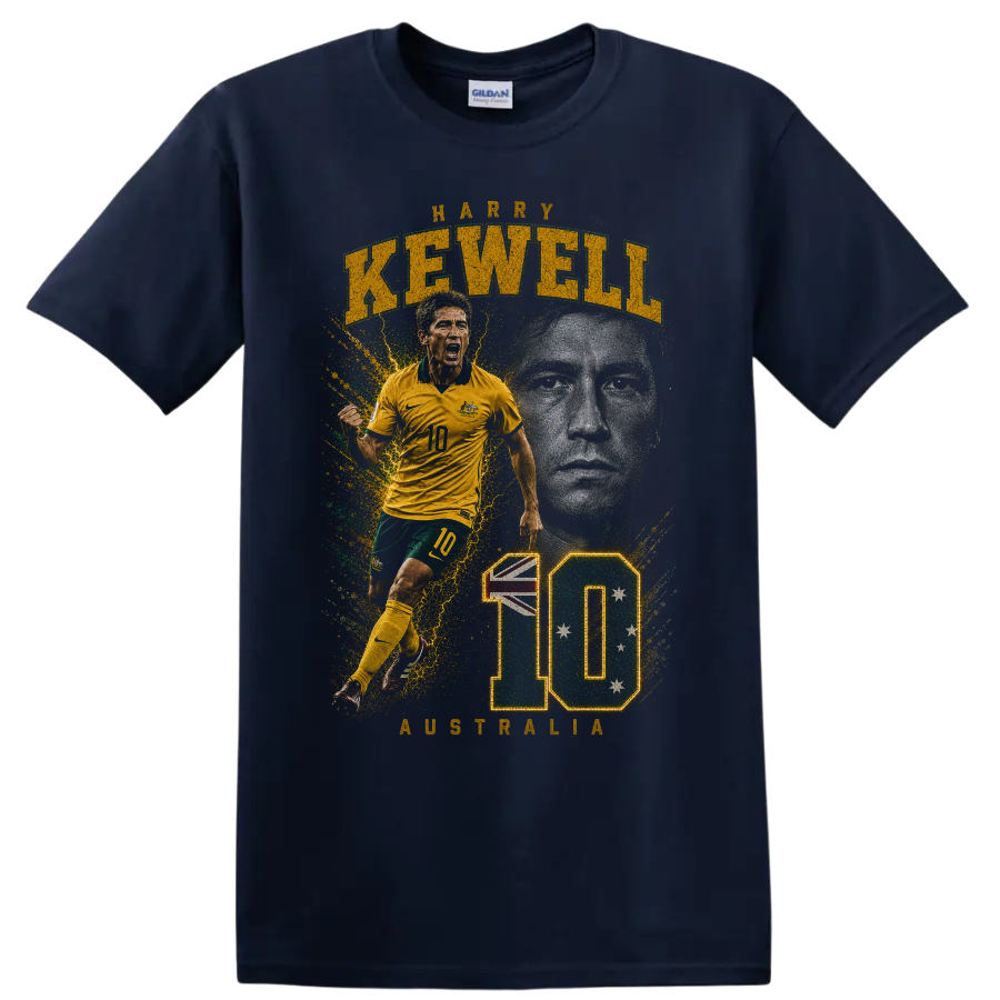 Harry Kewell Australia soccer graphic with KEWELL and number 10 on a Navy (Blue) T Shirt