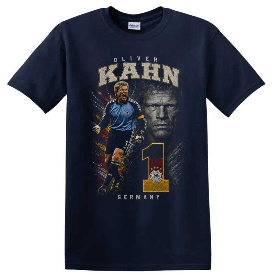 Oliver Kahn Germany goalkeeper graphic with KAHN text on a Navy (Blue) T Shirt