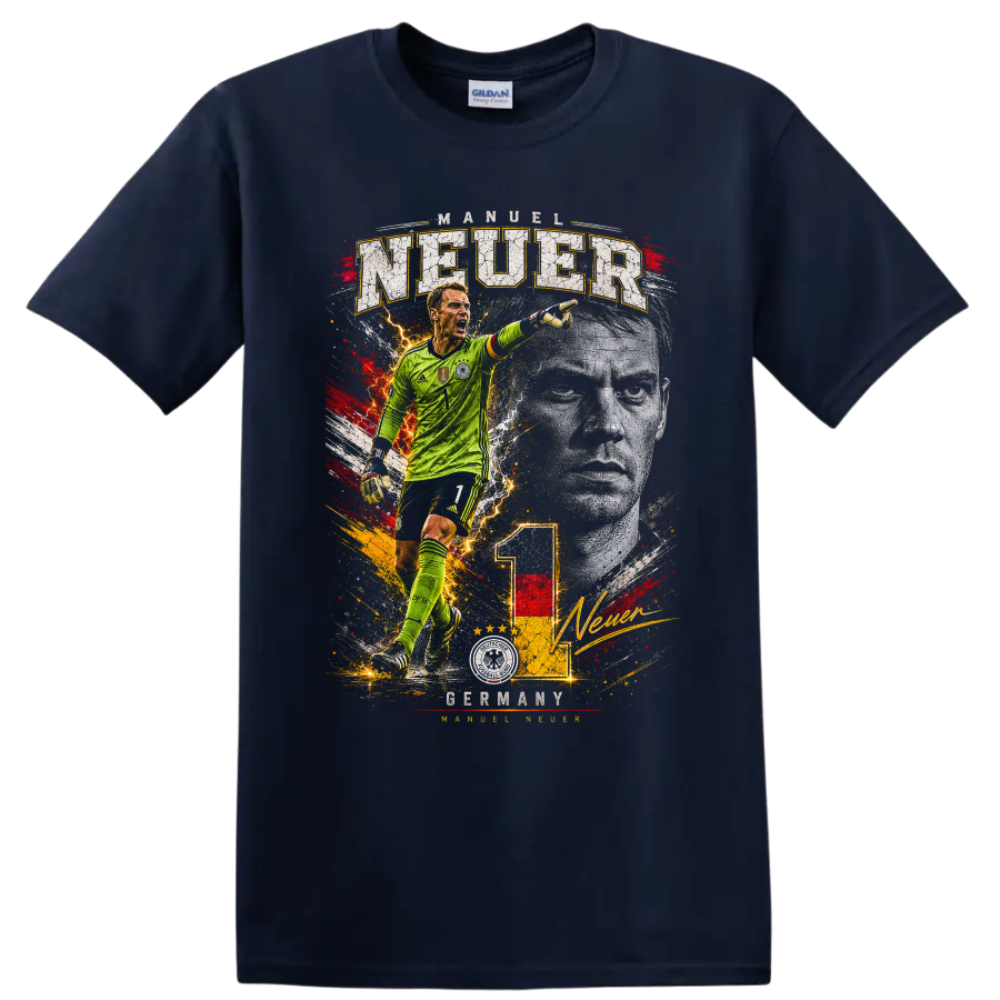 Manuel Neuer Germany goalkeeper action graphic with distressed lettering on a Navy (Blue) T Shirt