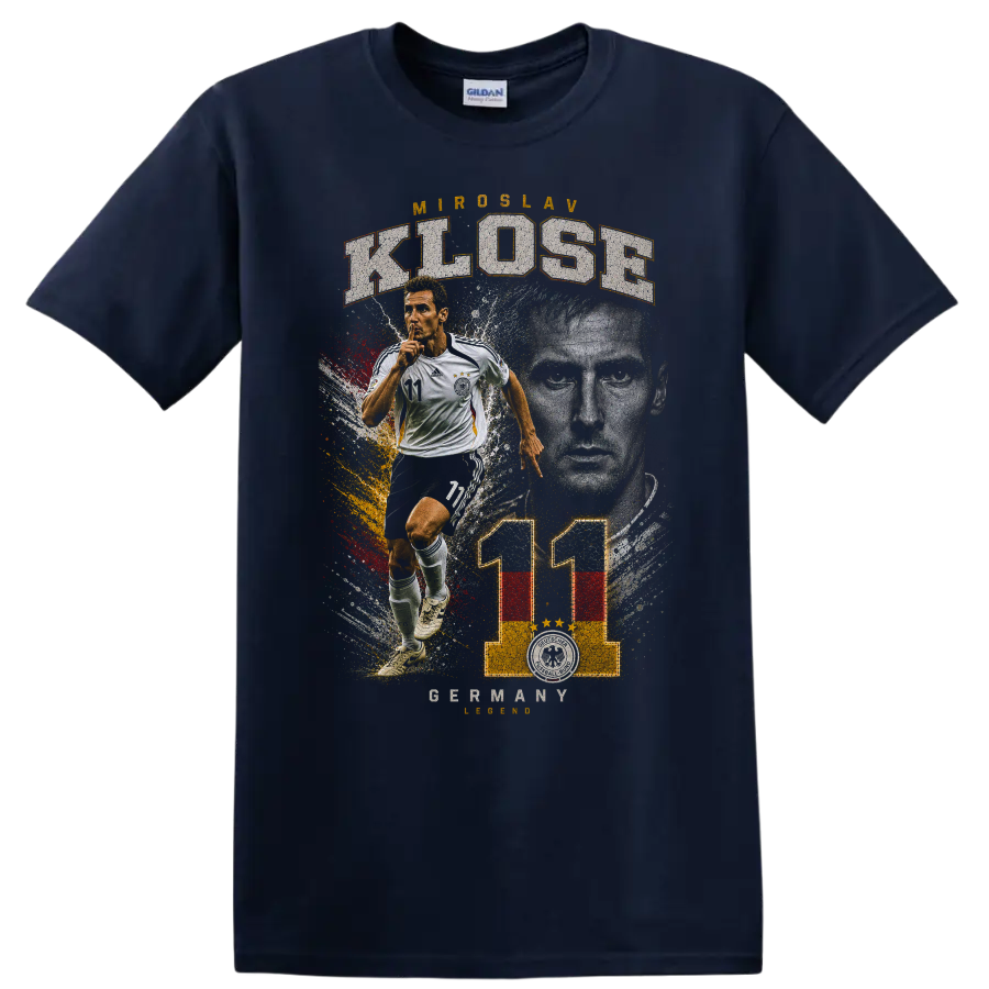 Miroslav Klose Germany soccer number 11 action portrait graphic on a Navy (Blue) T Shirt