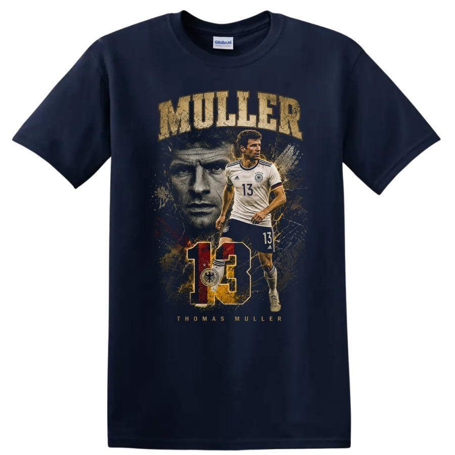Thomas Müller Germany soccer player vintage portrait with MULLER text on a Navy (Blue) T Shirt