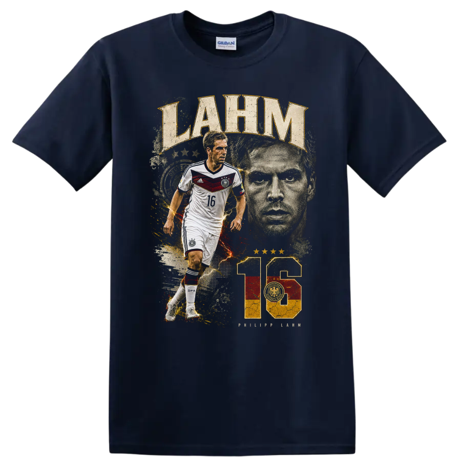 Philipp Lahm Germany soccer tribute graphic with LAHM text and number 16 on a Navy (Blue) T Shirt