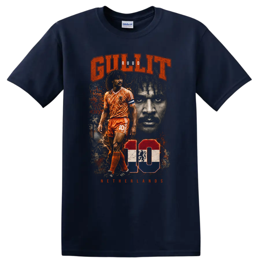 Ruud Gullit Netherlands soccer graphic with orange kit and number 10 on a Navy (Blue) T Shirt