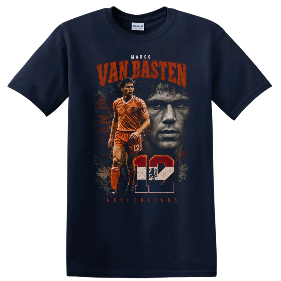 Marco van Basten Netherlands soccer retro graphic with number 12 on a Navy (Blue) T Shirt