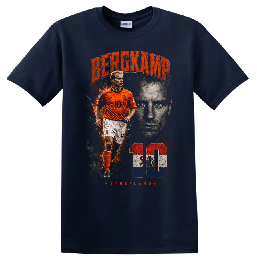 Dennis Bergkamp Netherlands soccer portrait with number 10 on a Navy (Blue) T Shirt
