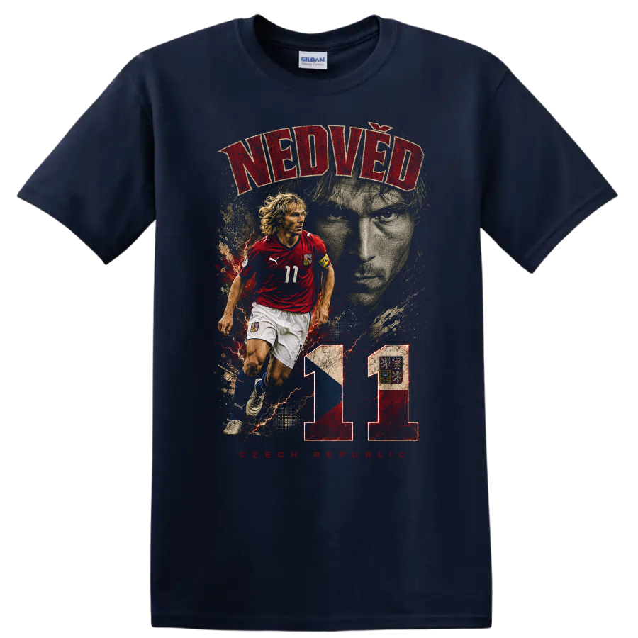 Pavel Nedvěd Czech soccer action portrait with number 11 graphic on a Navy (Blue) T Shirt