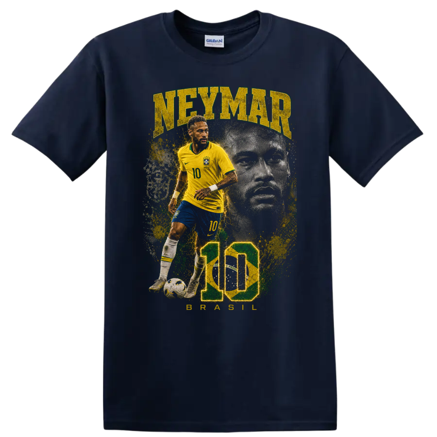 Neymar Jr Brazil soccer player number 10 portrait graphic on a Navy (Blue) T Shirt