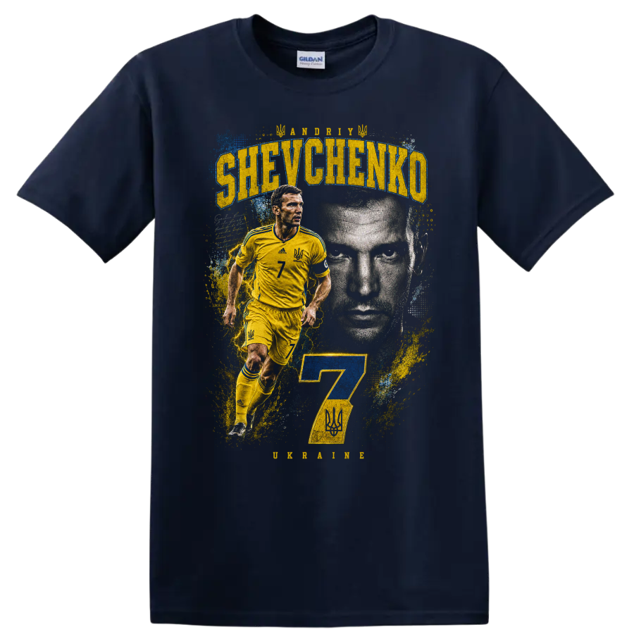 Andriy Shevchenko Ukraine soccer action portrait with number 7 on a Navy (Blue) T Shirt