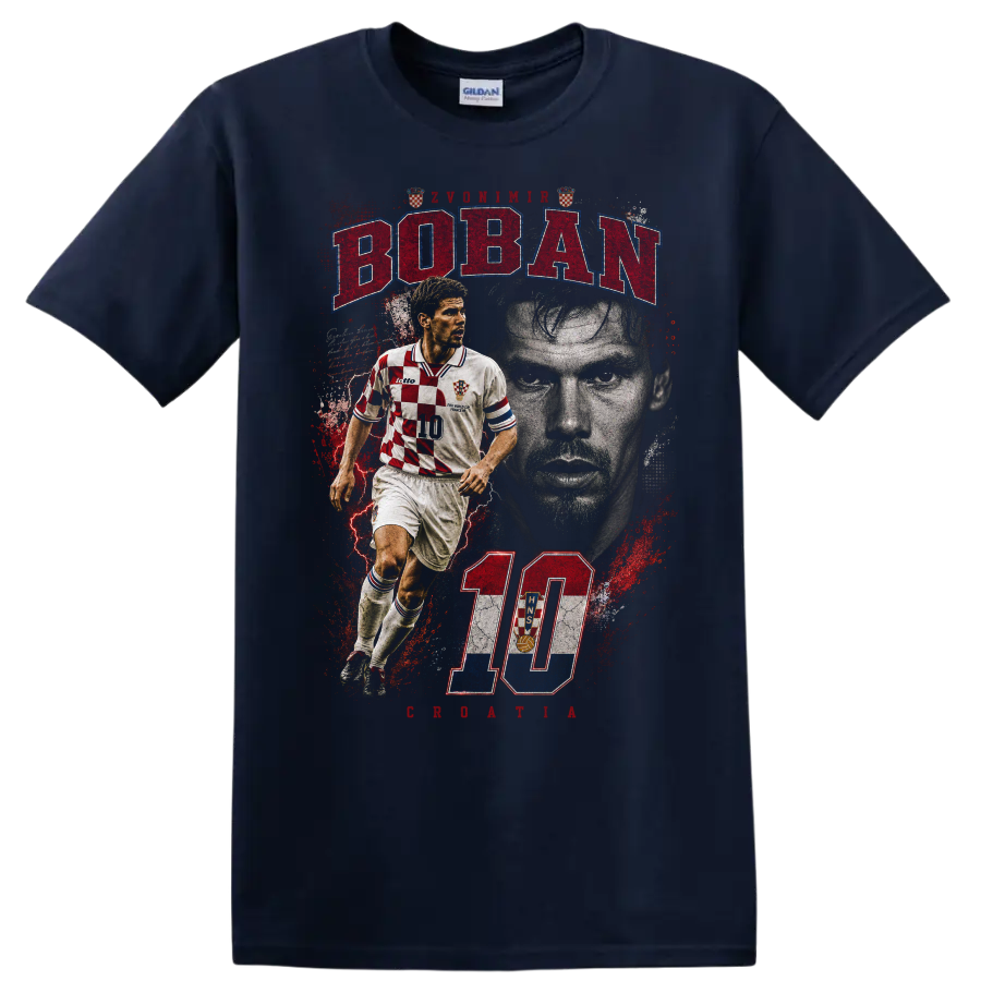 Zvonimir Boban retro soccer graphic with BOBAN and number 10 on a Navy (Blue) T Shirt