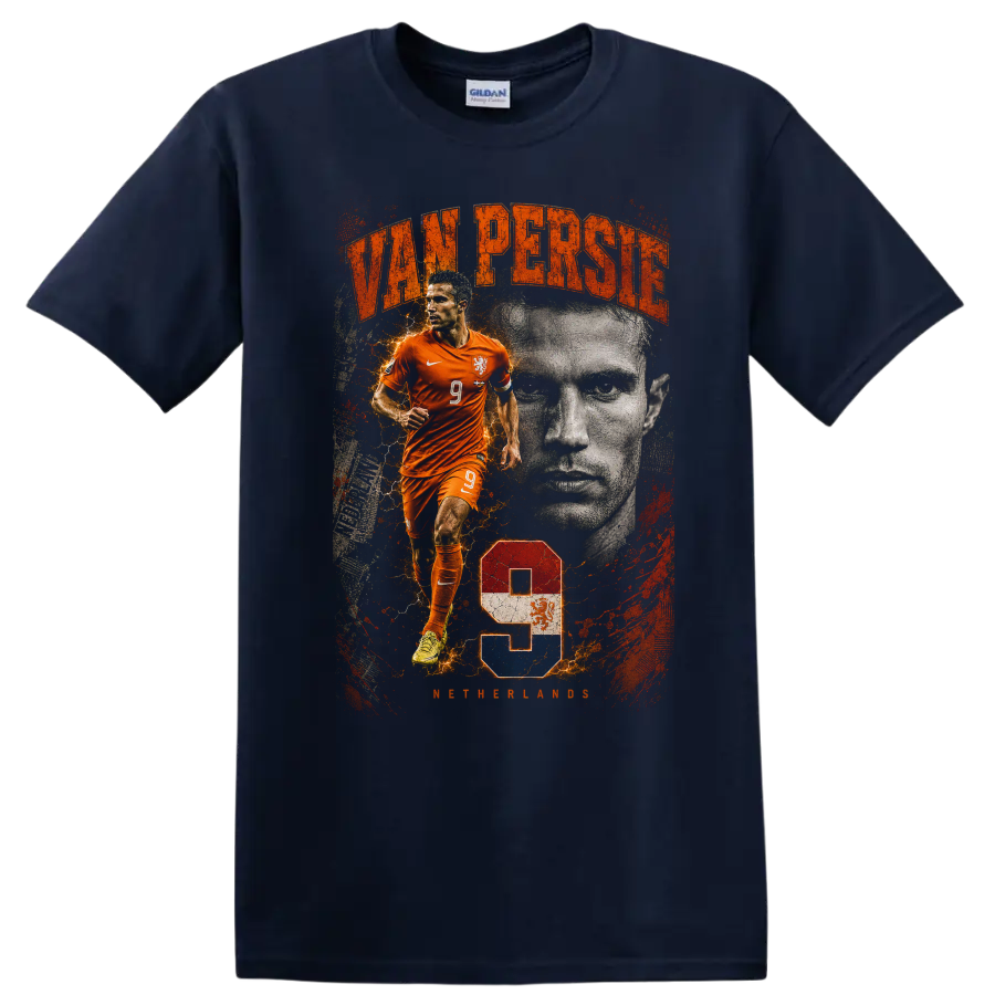 Robin van Persie Netherlands soccer vintage action portrait number 9 on a Navy (Blue) T Shirt