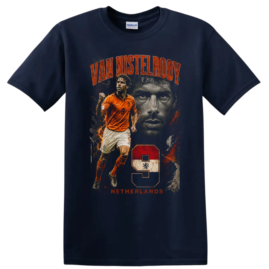Ruud van Nistelrooy Netherlands soccer graphic with VAN NISTELROOY text on a Navy (Blue) T Shirt