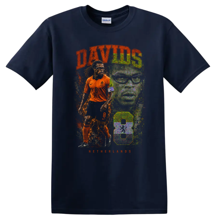 Edgar Davids Netherlands soccer player retro graphic with DAVIDS text on a Navy (Blue) T Shirt