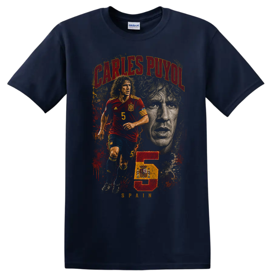 Carles Puyol Spain soccer action and portrait graphic with number 5 on a Navy (Blue) T Shirt