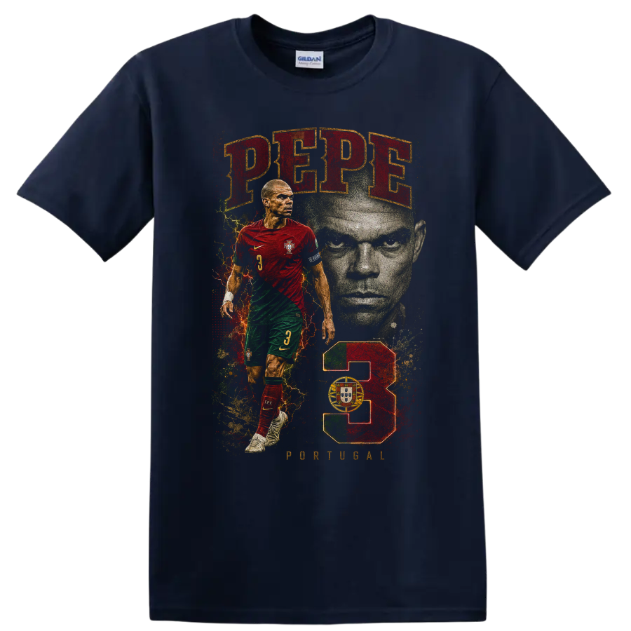 Pepe Portugal soccer player portrait graphic with red and green design on a Navy (Blue) T Shirt