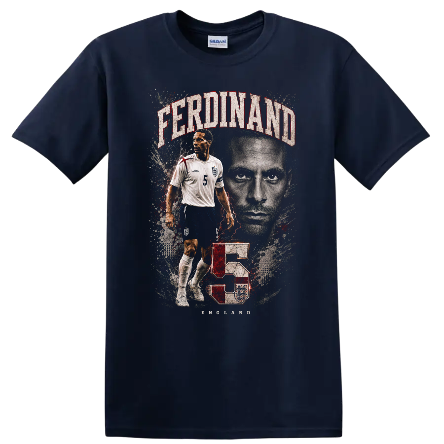 Rio Ferdinand England soccer portrait with FERDINAND text and number 5 on a Navy (Blue) T Shirt