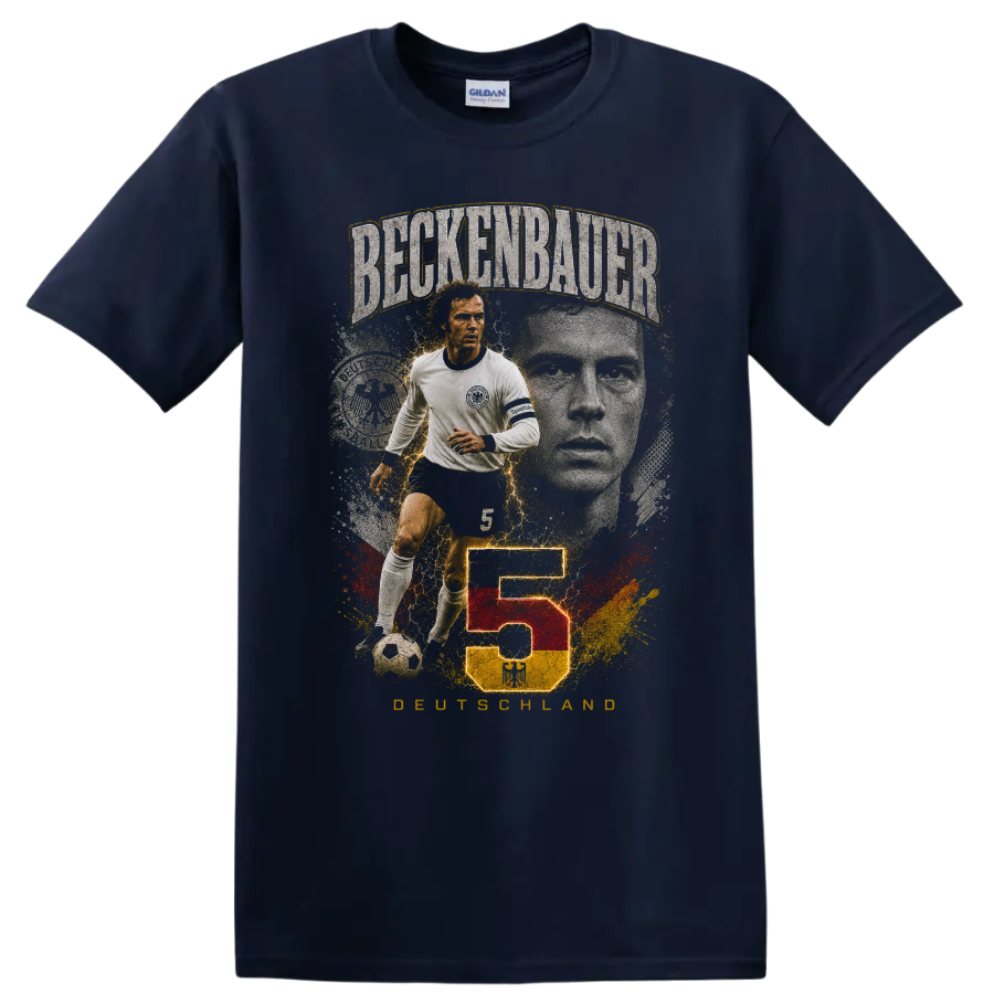 Franz Beckenbauer soccer graphic with BECKENBAUER, number 5, and DEUTSCHLAND on a Navy (Blue) T Shirt