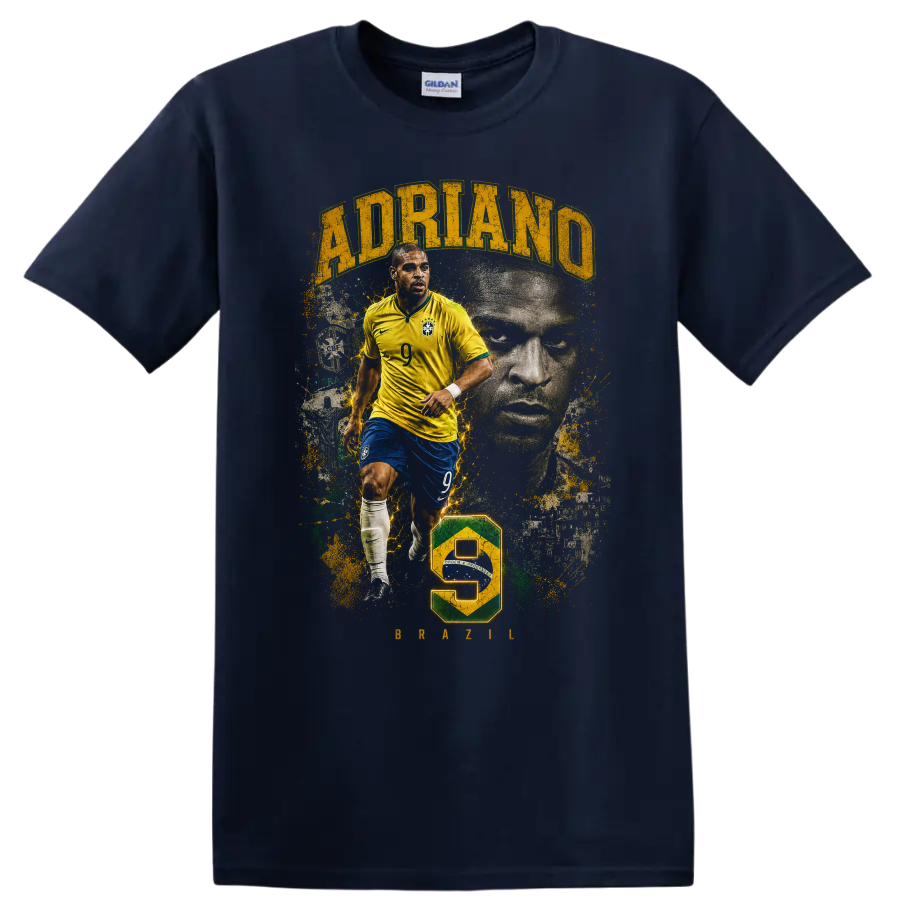 Adriano Brazil soccer graphic with action pose, portrait, and number 9 on a Navy (Blue) T Shirt