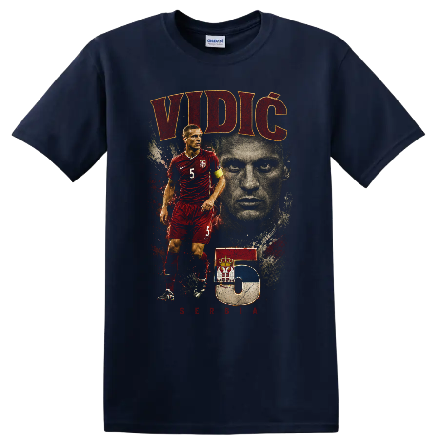 Nemanja Vidic Serbia soccer portrait graphic with VIDIĆ and number 5 on a Navy (Blue) T Shirt