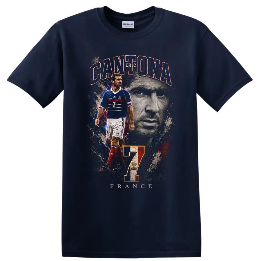 Eric Cantona France soccer graphic with portrait, CANTONA, FRANCE, and number 7 on a Navy (Blue) T Shirt