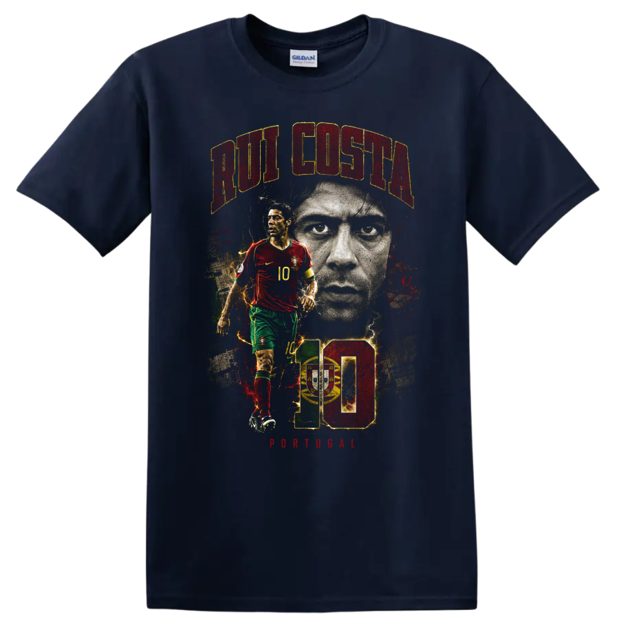 Rui Costa Portugal soccer portrait graphic with number 10 on a Navy (Blue) T Shirt