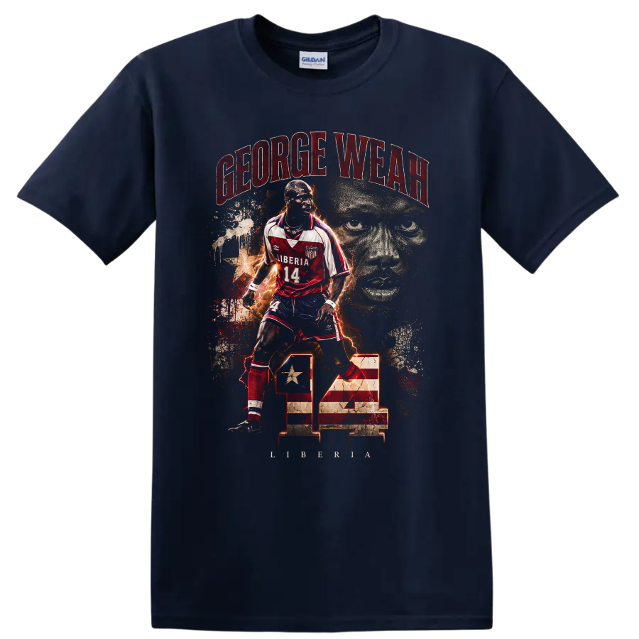 George Weah Liberia soccer number 14 distressed portrait graphic on a Navy (Blue) T Shirt