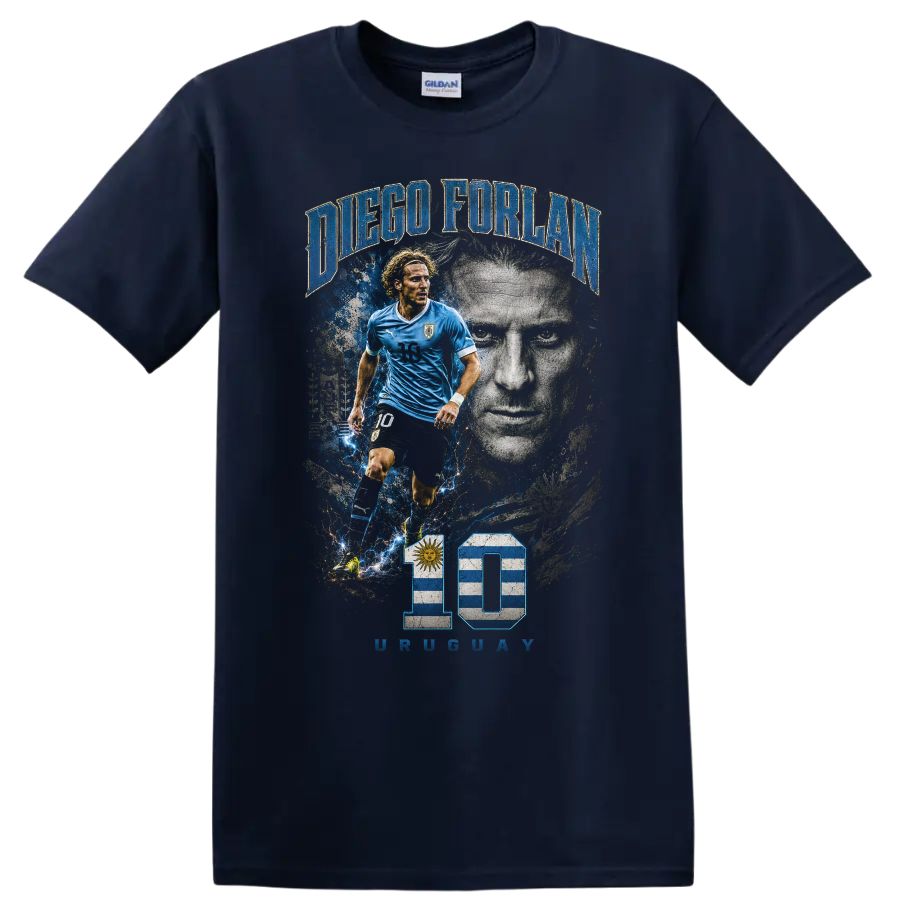 Diego Forlán Uruguay soccer action portrait graphic with number 10 on a Navy (Blue) T Shirt
